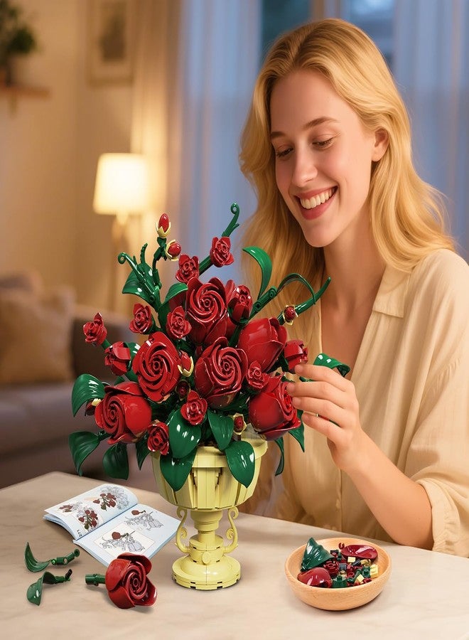 PLAXSOON مجموعة بناء زهور الورد من PLAXSOON، 969 قطعة، مجموعة مكعبات بناء باقة زهور نباتية مع وعاء، مجموعة نباتات بونساي اصطناعية لتزيين المكتب والمنزل، هدية عيد ميلاد للبالغين من النساء والأولاد والبنات من عمر 12 عامًا فما فوق - Image 5